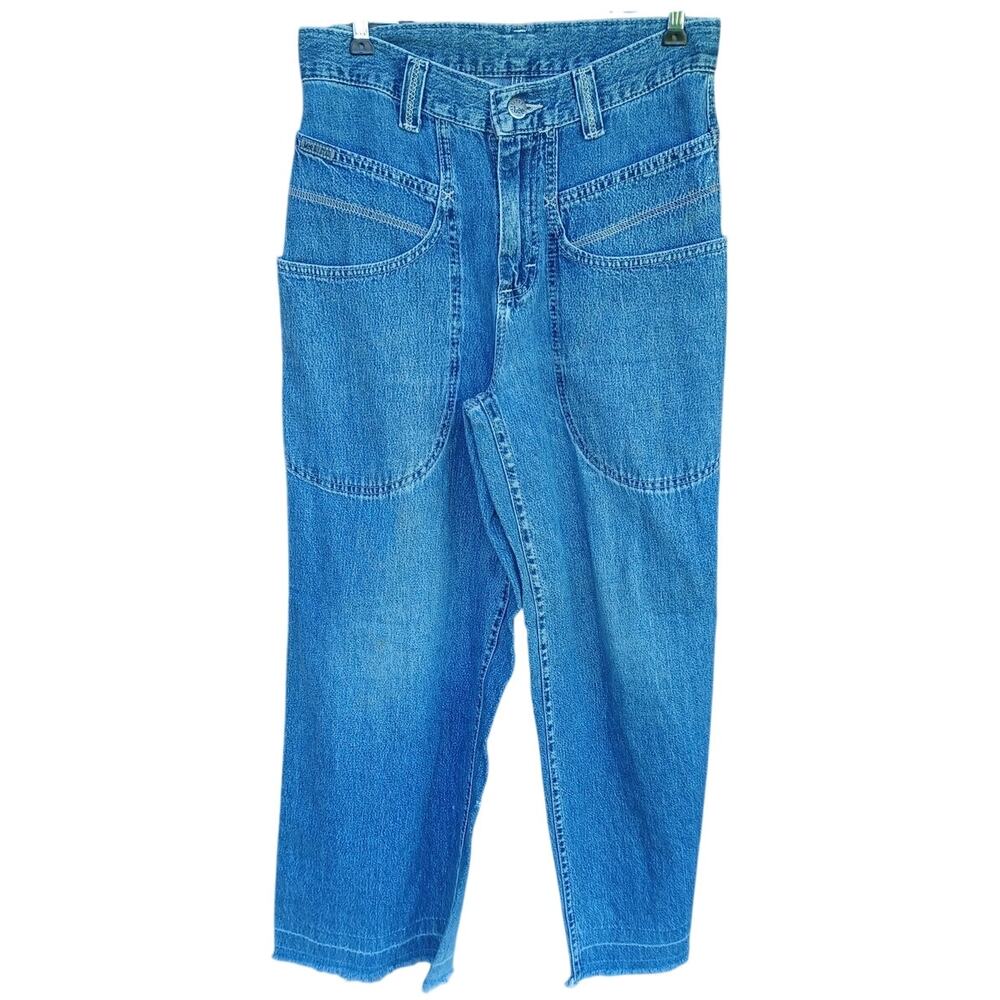 Vintage Lee Riveted Dungarees Carpenter Jeans Raw Hem High Rise Petite 5 Y2K - Picture 2 of 8